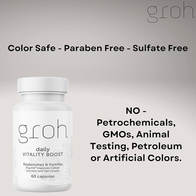 Groh Daily Vitality Boost - All Natural Hair Growth Supplement powered by ErgoD2 - Rich in Antioxidants - Vitamins for Stronger Hair Skin &amp Nails- Best Choice for Thinning Hair - 60 Count