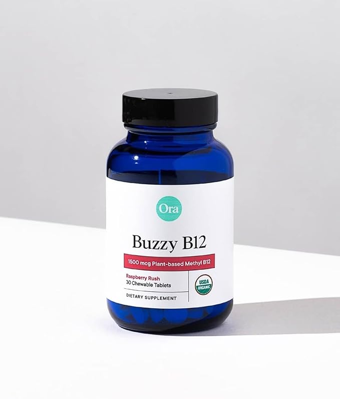 Ora Organic Vitamin B12 1500mcg - Plant-Based methylcobalamin for Adults - Natural Stimulant-Free Energy Raspberry Flavor chewable Tablets no Added Sugar - 30 Tablets
