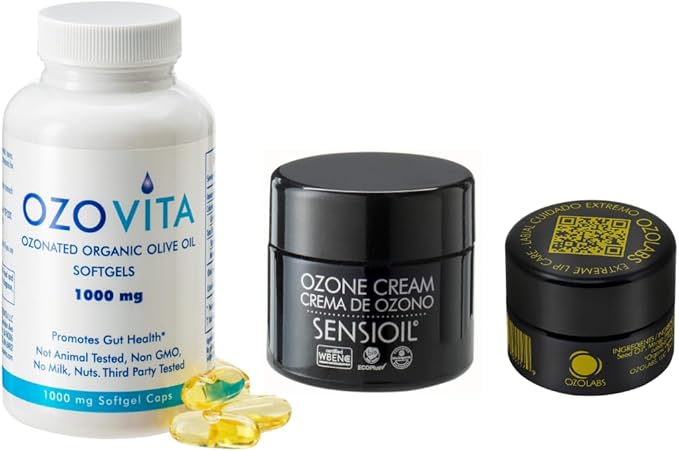 OZOLABS Skincare &amp Wellness Bundle | Ozone Cream Extreme Lip Care Ozonated Olive Oil Softgels | Hydration Repair &amp Immune Support