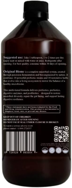 Original Biome Liquid Probiotic Supplement | Certified Organic Tri-Biotic with Prebiotics Probiotics &amp Postbiotics | 10 Probiotic Strains + 10 Fermented Herbs | Slow Fermented | 32 fl oz
