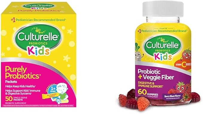 Culturelle Kids Probiotics for Immune &amp Digestive Health 50 Packets + 60 Berry Flavored Veggie Fiber Gummy Daily Probiotics
