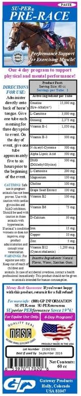 SU-PER Pre-Race Paste for Horses - Performance Support for Exercising Muscle - Buffered Creatine Amino Acids Herbal Extracts Anti-Oxidants B-Complex Vitamins - 60CC Case of 4