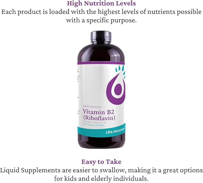 Life Solutions Vitamin B2 - Liquid Dietary Supplement with 50mg Riboflavin Per Serving - Highly Bioavailable Pharmacist Formulated Rapid-Sorb Technology for Efficient Nutrient Absorption - 16 fl oz