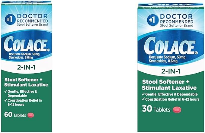 Colace 2-in-1 Stool Softener Plus Stimulant Laxative for Gentle Effective Constipation Relief Docusate Sodium Plus Sennosides 60 Count and 30 Count