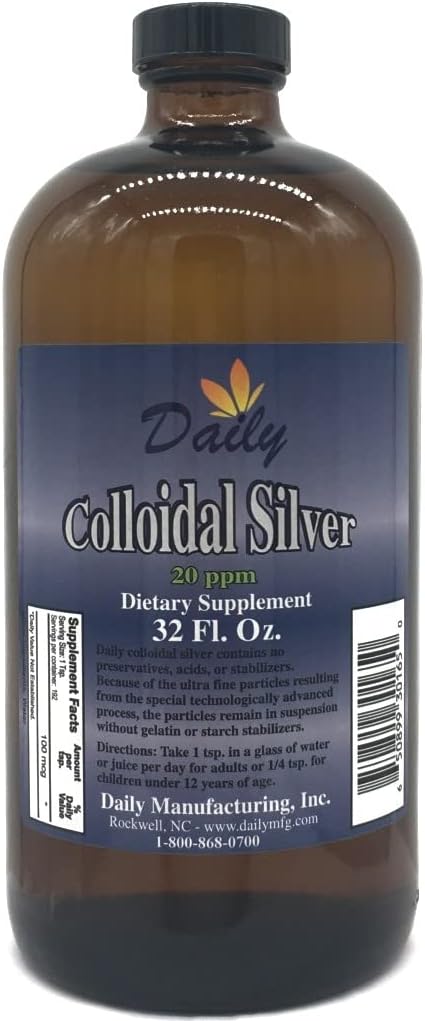 Daily Manufacturing Colloidal Silver (20 ppm - No Preservatives Acids or Stabilizers) 32 oz Amber Glass Bottles