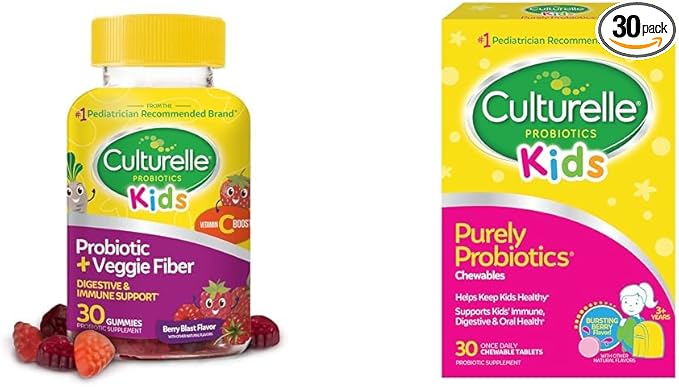 Culturelle Daily Probiotic for Kids + Veggie Fiber Gummies (Ages 3+) - 30 Count &amp Kids Chewable Daily Probiotic for Kids Ages 3+ 30 Count #1 Pediatrician-Recommend