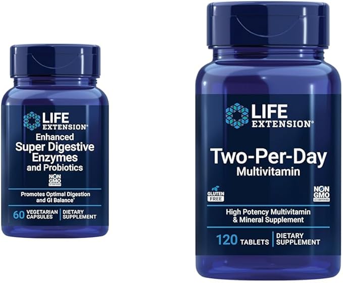 Life Extension 60 Vegetarian Capsule Digestive Enzymes &amp 120 Tablet High Potency Multi-Vitamin Supplement Bundle
