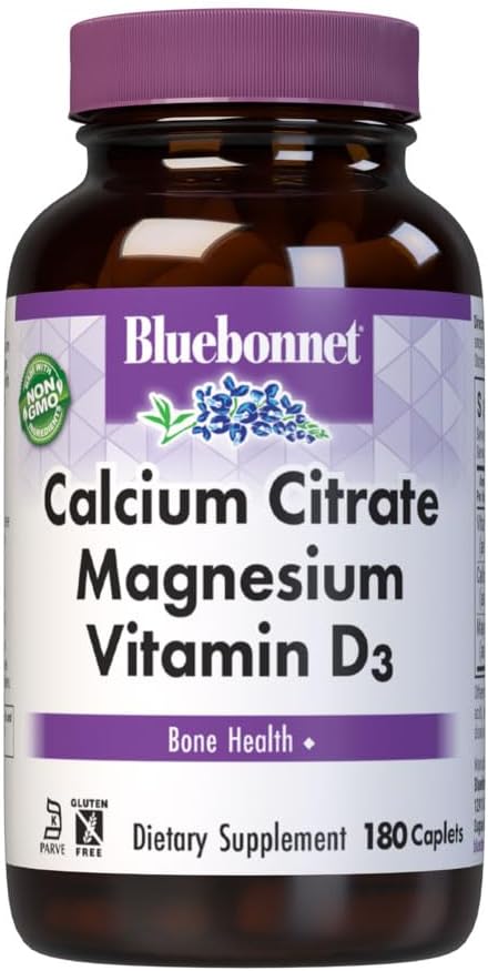 Bluebonnet Nutrition Calcium Citrate Magnesium Plus Vitamin D3 Caplets Bone Health &amp Muscle Relaxation Non GMO Gluten Soy &amp Milk Free Kosher White Unflavored 180 Count