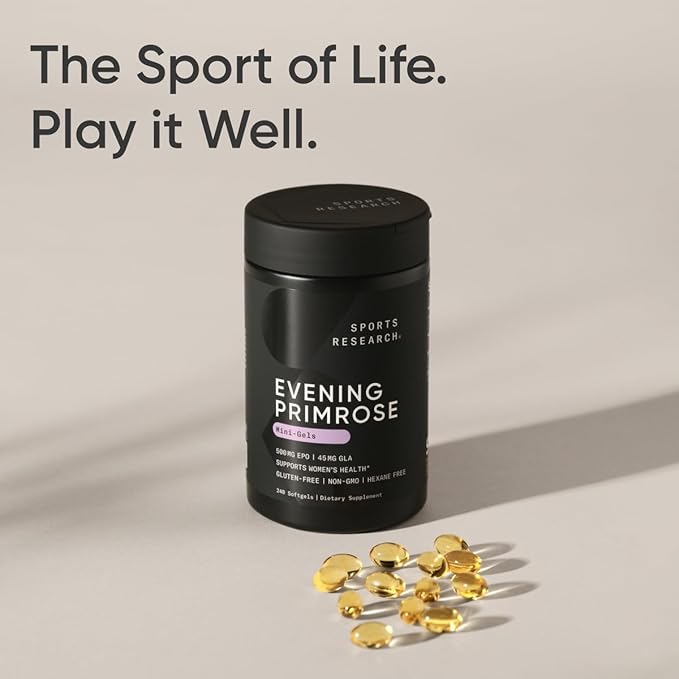 Sports Research Evening Primrose Oil (500mg) Cold-Pressed with No fillers or Artificial Ingredients Non-GMO Tested - Gluten &amp Soy Free (240 Liquid Softgels)