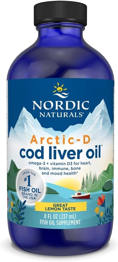 Nordic Naturals Arctic-D Cod Liver Oil Lemon - 8 oz - 1060 mg Total Omega-3s + 1000 IU Vitamin D3 - EPA &amp DHA - Heart Brain Bone Immune &amp Mood Support - Non-GMO - 48 Servings