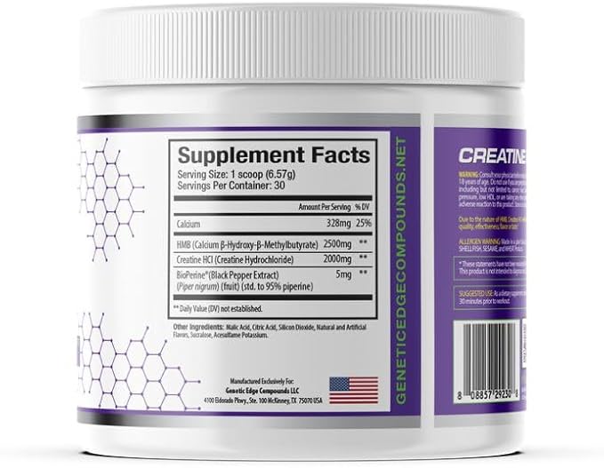 Creatine HCl + HMB for Athletes – Performance &amp Recovery Formula – 2g Creatine HCl 2.5g HMB – Fast Absorption No Bloat No Loading – 30 Servings – GEC (Standard Sour Grape Candy)