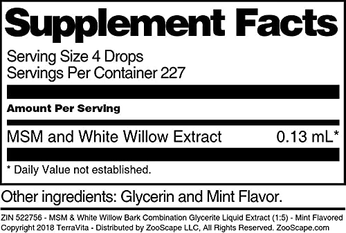 MSM &amp White Willow Bark Combination Glycerite Liquid Extract (1:5) - Mint Flavored (1 oz ZIN: 522756)