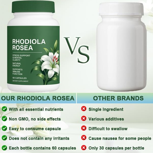 Floraviva Rhodiola Rosea Capsules Natural Adaptogenic Herb 500mg Organic Rhodiola Rosea Extract Supplement for Stress Support Balance Energy Immune Function Non-GMO 60 Vegan Capsules