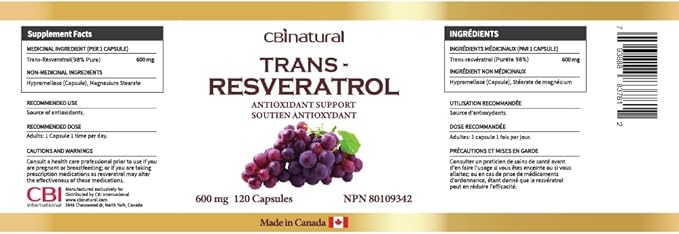 Trans-Resveratrol 600mg High Potency Antioxidant Supports Cellular Health &amp Healthy Aging 120 Vegan Capsules 4-Month Supply Non-GMO Gluten Free