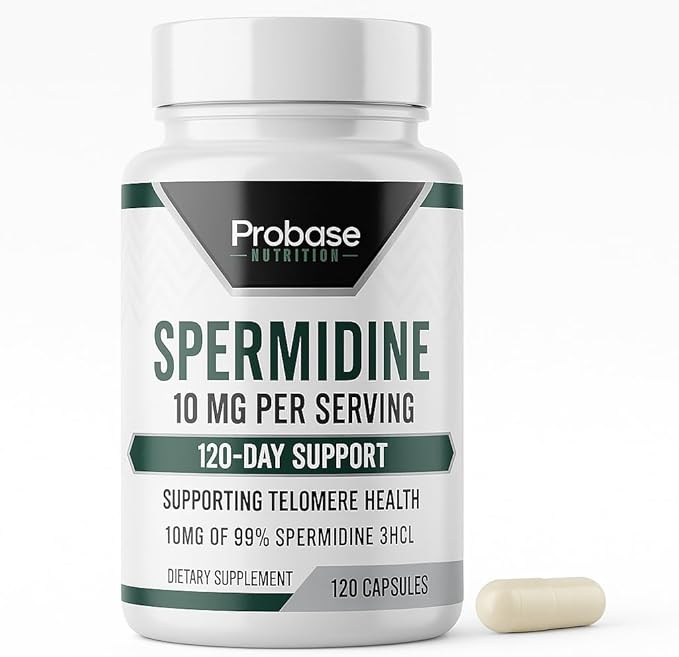 Probase Nutrition Spermidine (10mg of 99% Spermidine 3HCL - Third Party Tested) 120 Capsules - 100x More Potent Than Wheat Germ Extract Telomere Health and Aging 120-Day Supply - As efficient as NMN