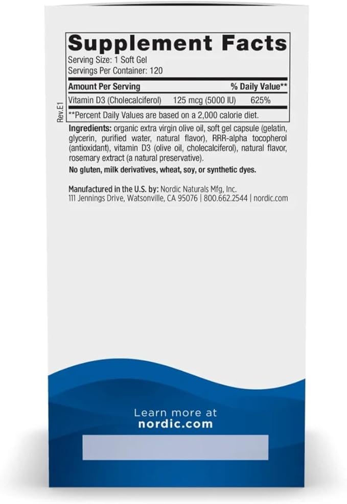 Nordic Naturals Vitamin D3 5000 Orange - 120 Mini Soft Gels - 5000 IU Vitamin D3 - Supports Healthy Bones Mood &amp Immune System Function - Non-GMO - 120 Servings