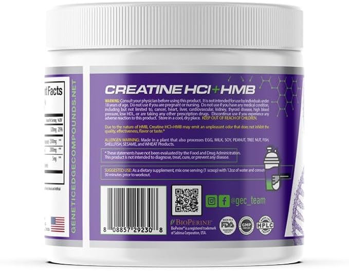 Creatine HCl + HMB for Athletes – Performance &amp Recovery Formula – 2g Creatine HCl 2.5g HMB – Fast Absorption No Bloat No Loading – 30 Servings – GEC (Standard Sour Grape Candy)