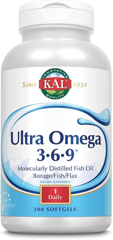 KAL Ultra Omega 3-6-9 1200mg | Fish Oil w/Cold Pressed Flaxseed &amp Borage Oil | Skin Hair Heart Memory | 200 Softgels