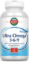 KAL Ultra Omega 3-6-9 1200mg | Fish Oil w/Cold Pressed Flaxseed &amp Borage Oil | Skin Hair Heart Memory | 200 Softgels