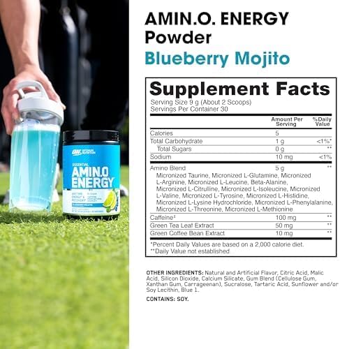 Optimum Nutrition Amino Energy - Pre Workout with Green Tea BCAA Amino Acids Keto Friendly Green Coffee Extract Energy Powder - Blueberry Mojito 30 Servings (Packaging May Vary)
