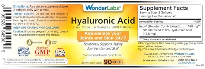 Wonder Laboratories Hyaluronic Acid 120mg Made from Injuv Rooster Comb Extract Nutritional Supports Health Joints and Skin 270 Count