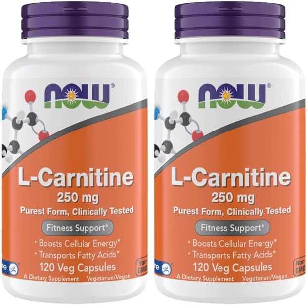 Now Supplements L-Carnitine 250 mg Purest Form* Amino Acid* Fitness Support* Metabolic Support 120 Vegetarian Capsules Gluten Free Vegan Kosher Non-GMO (Pack of 2)
