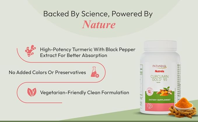 patanjali Nutrela Curcumin Gold+ with Salai Guggul &amp Black Pepper - 95% Curcuminoids Turmeric Supplement - Joint Support &amp Inflammation Relief - 120 Vegetarian Capsules