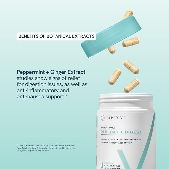Happy V Debloat + Digest – Digestive Enzymes for Women to Support Bloating Gas Constipation Gut Health and Nutrient Absorption – Stomach Comfort &amp Digestion Support Supplement – 60 Vegan Capsu