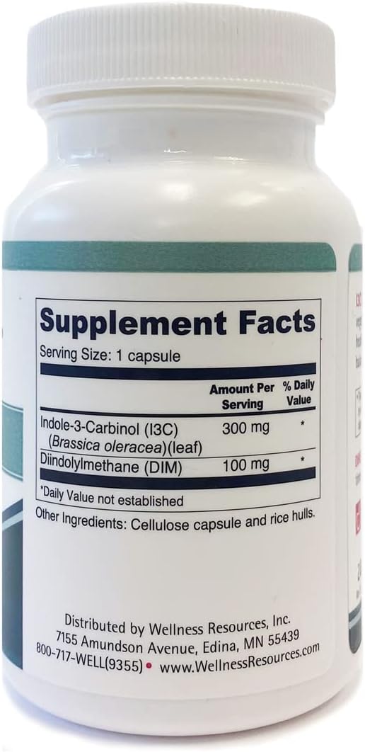 Wellness Resources I3C + DIM for Healthy Estrogen Metabolism Detoxification (60 Capsules) - 300mg I3C + 100mg DIM - Vegan Gluten-Free