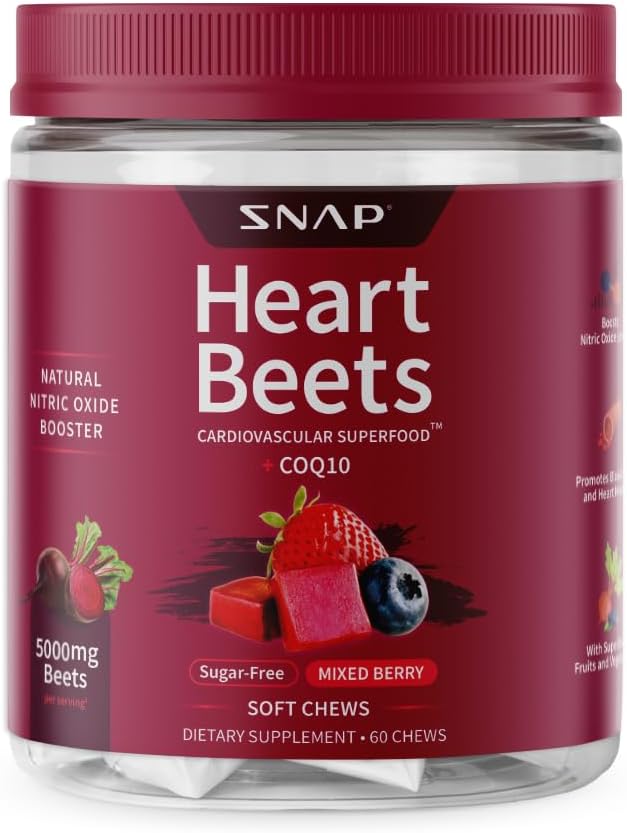 Snap Supplements Heart Beets Beet Root Soft Chews Cardiovascular Support Supplement for Men &amp Women CoQ10 &amp Acai Energy &amp Circulation Support Sugar Free Mixed Berry 60 Soft Chews