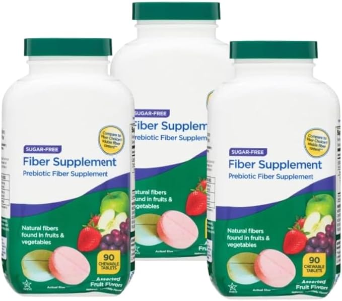 Daily Fiber Supplement Chewable Tablets – 90 Count Sugar-Free Fiber Chews for Women and Men High Fiber Content Assorted Fruit Flavors Chewable Tablets for Adults. (Pack of 3)