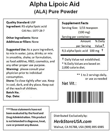 Pure ALA RS- Alpha Lipoic Acid Powder (1000 Grams (2.2 lb))