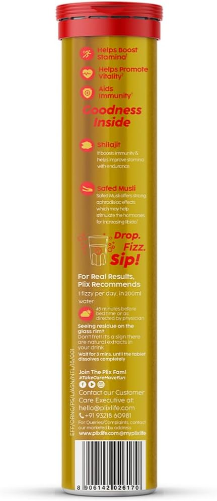 Plix Pure Himalayan Shilajit Effervescent Tablets - 250mg with Safed Musli &amp Saffron | Natural Energy &amp Strength Support | Orange Flavor 180 Tablets