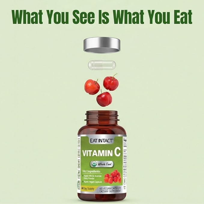 Vegan Whole Food Vitamin C Two Ingredients (Organic Whole Acerola Cherry Powder and Organic Vegan Capsule) Non-GMO Third Party Tested 60 Day Supply