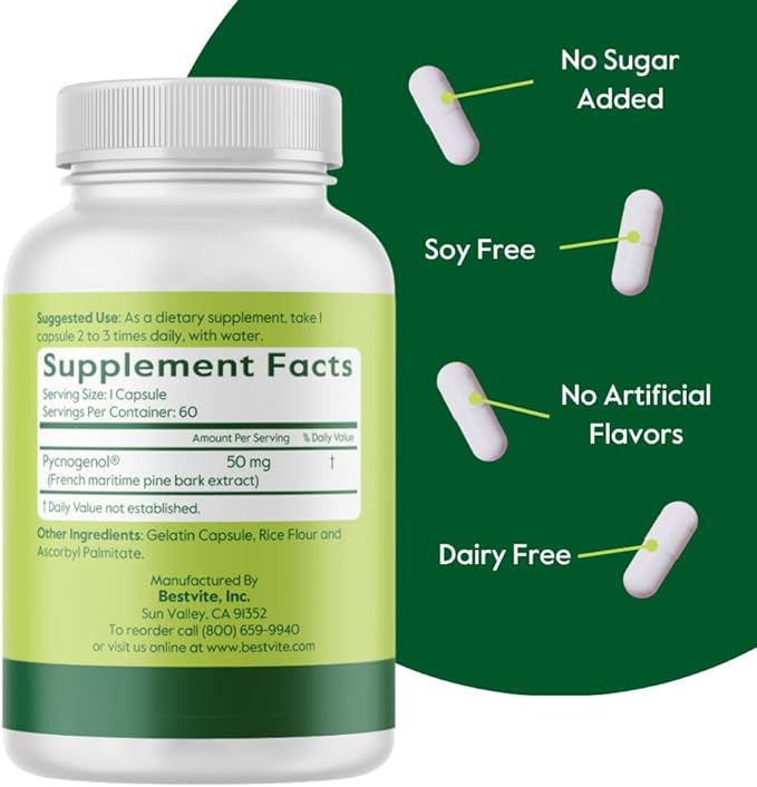 BESTVITE Pycnogenol 50mg (60 Capsules) - French Maritime Pine Bark Extract - No Stearates - Gluten Free - Non GMO