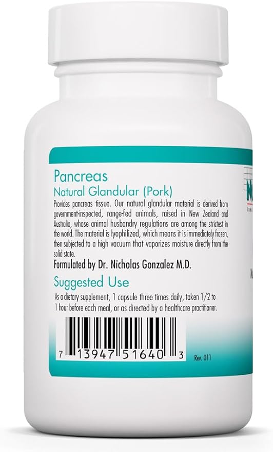 Nutricology Pancreas Pork 425mg Supplement - Pancreas Natural Glandular Pancreatic Enzymes Amylase Protease Lipase Hypoallergenic - 60 Count