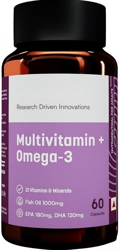 Omega 3 Fish Oil 1000mg Capsules with Multivitamin (60 Capsules) | Fish Oil EPA DHA with Ginseng &amp 21+ Ingredients for Energy Immunity