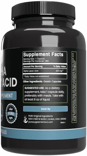 PURE ORIGINAL INGREDIENTS Alpha Lipoic Acid (365 Capsules) No Magnesium Or Rice Fillers Always Pure Lab Verified