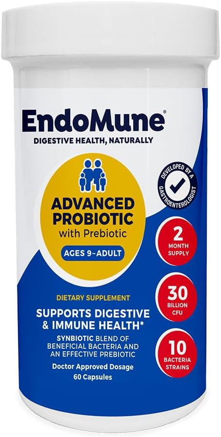 Endomune Advanced Adult Multi-Strain Probiotic Supplement with Prebiotic - 10 Strains 30 Billion CFU - Physician Formulated (60-Count)
