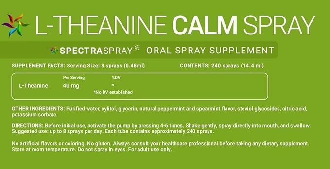 Spectraspray L-Theanine Calming Oral Supplement Spray Natural Mint Flavor Vegan &amp Non-GMO Formula 40 mg L-Theanine per Serving 30 Day Supply