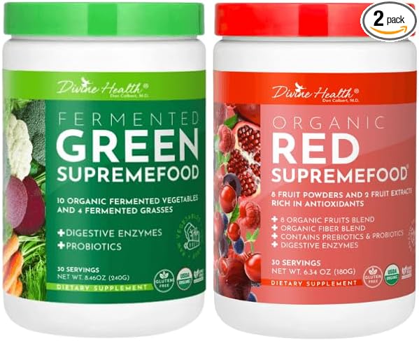 Divine Health Dr. Colbert MD Superfood Package | 30 Servings of Green Supremefood &amp Red Supremefood 14 Organic and Fermented Green Vegetables and Grasses | 8 Organic Fruits