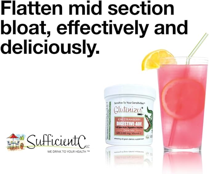 Sufficient-C - Glutenizer Force Plus Kiwi-Strawberry Digestive-Ade Drink Mix - Naturally Effective Premium Full Spectrum Enzyme Blend with 2000 mg. Vitamin C - Acid Reflux Indigestion Solution