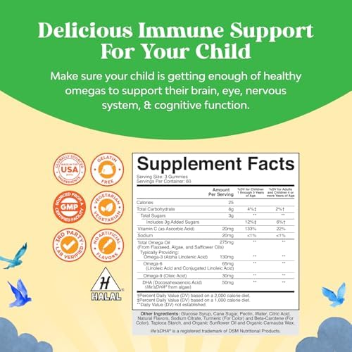 Bundle of Omega DHA Gummies for Kids - Fatty Acids Omega 3 6 9 with Vitamin C for Brain Immunity &amp Vision - Nutritional DHA for Healthy Nervous System &amp Focus Support - Vegetarian &amp Glute