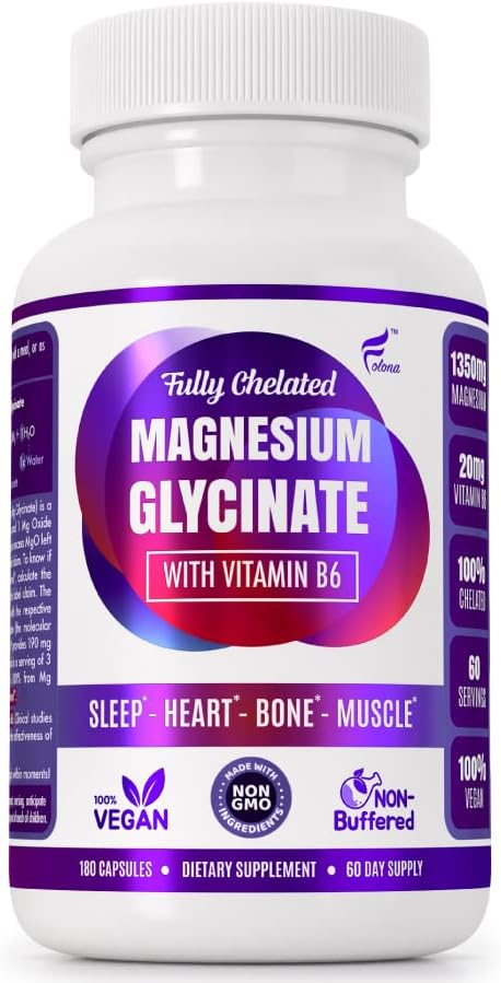 Folona Magnesium Glycinate with Vitamin B6 Research Proven to Enhance Absorption 1350mg Fully Chelated - Supports Sleep Stress Relief Energy Muscle Cramps - Gluten Free NonGMO 180 Vegan Capsules