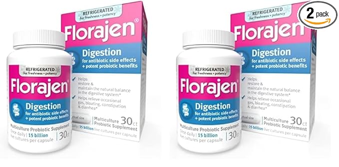 Florajen Digestion Probiotics Gut Health Supplement with Constipation and Bloating Relief for Adults 30 Count (Refrigerated) (Pack of 2)