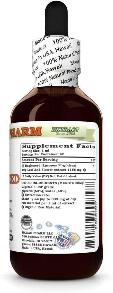 Hawaii Pharm Bugleweed Alcohol-Free Extract Glycerite for Thyroid Balance Eases Premenstrual Discomfort Soothes Breast Tenderness Supports Women's Wellness - 2 fl.oz