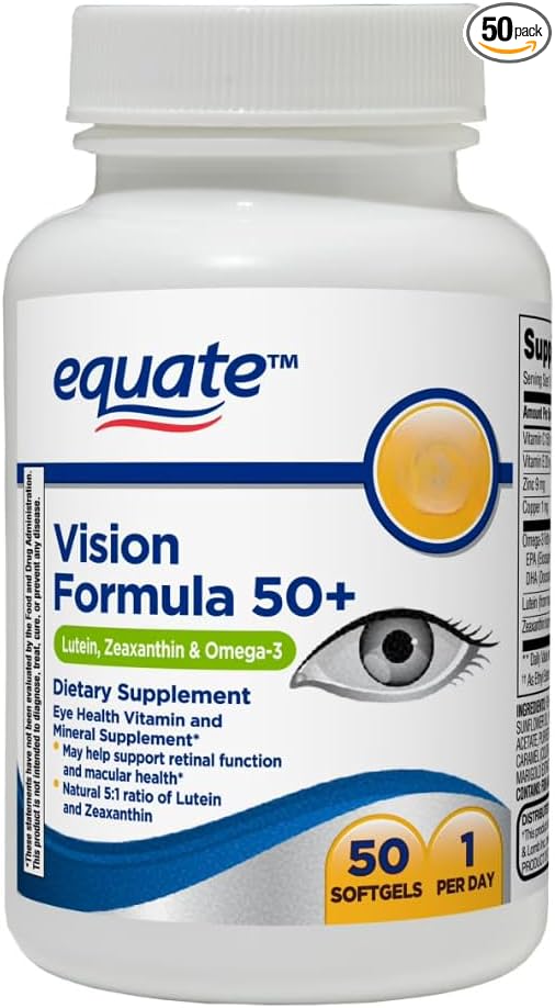 Equate Vision Formula 50+ Lutein Zeaxanthin Omega-3 Softgels for Adults 50+ 50 Count Sticker