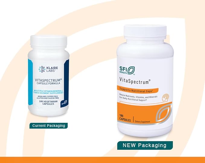 Klaire Labs SFI Health VitaSpectrum Capsules - Multivitamin for Kids with 28 Essential Nutrients Including Folate B12 B6 Antioxidants Vitamin E &amp D3 - No Copper or Iron Gluten-Free (180ct)