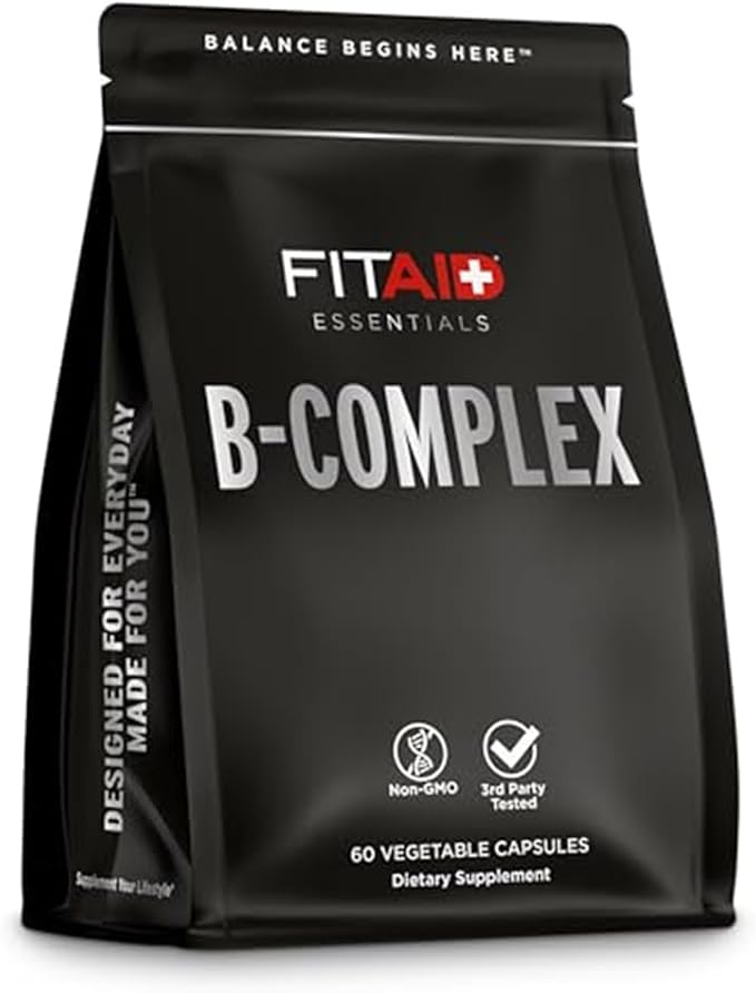 FITAID B-Complex Capsules Methylated B Vitamins (B1 B2 B3 B6 B12 Folate Biotin) for Weightlifting Running Cycling Energy Metabolism 2 Month Supply 60 Count Veggie Capsules