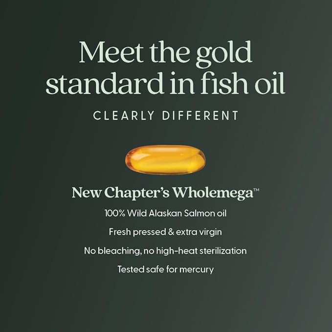 New Chapter Wholemega Fish Oil Supplement - 2000mg per Serving Clinically Proven Wild Alaskan Salmon Oil with Omega-3 + Vitamin D3 + Astaxanthin 60 Softgels